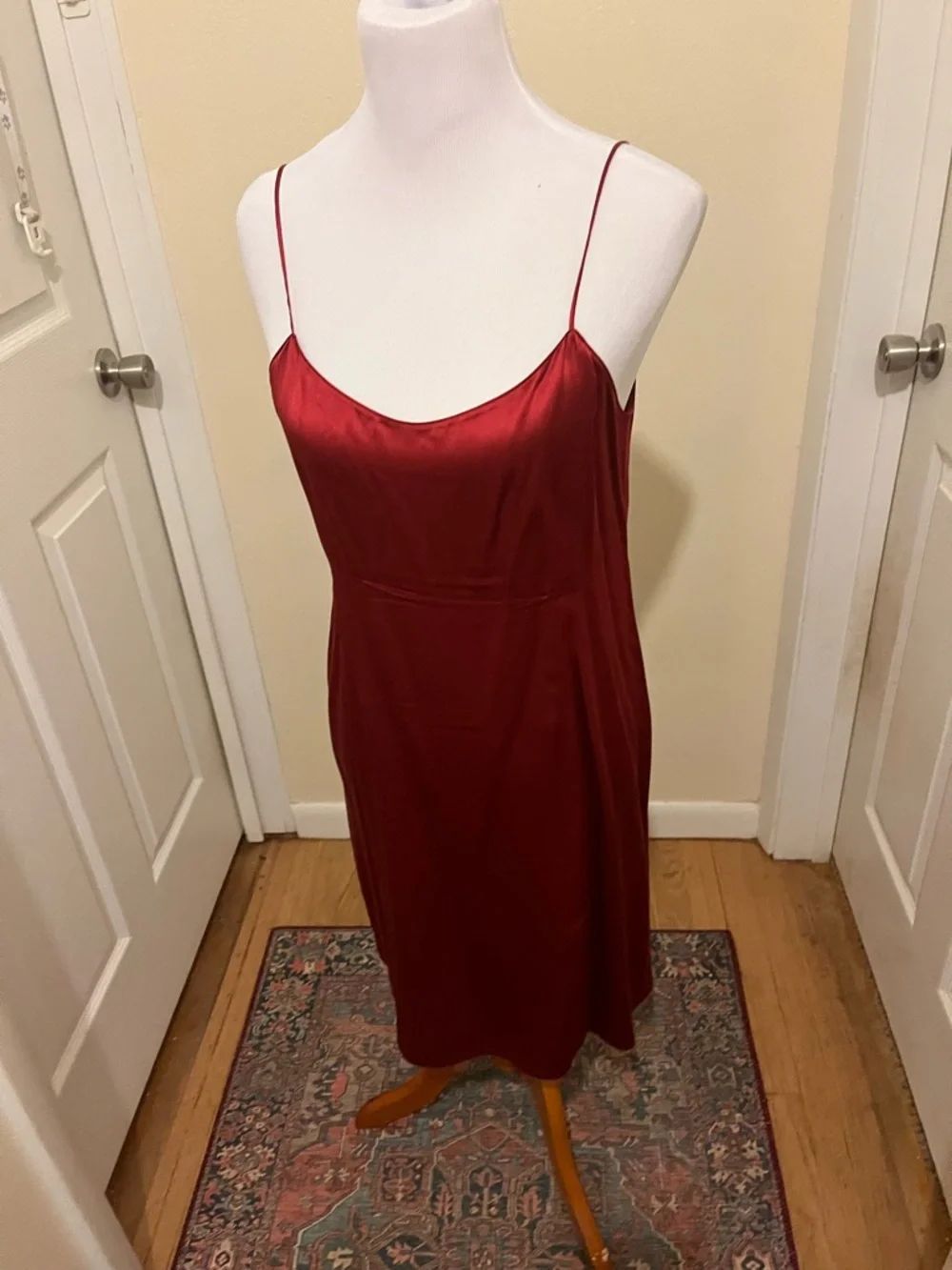 Teri Jon Scarlet Silk Slip Dress with Black Mesh Overlay - Picture 7 of 12